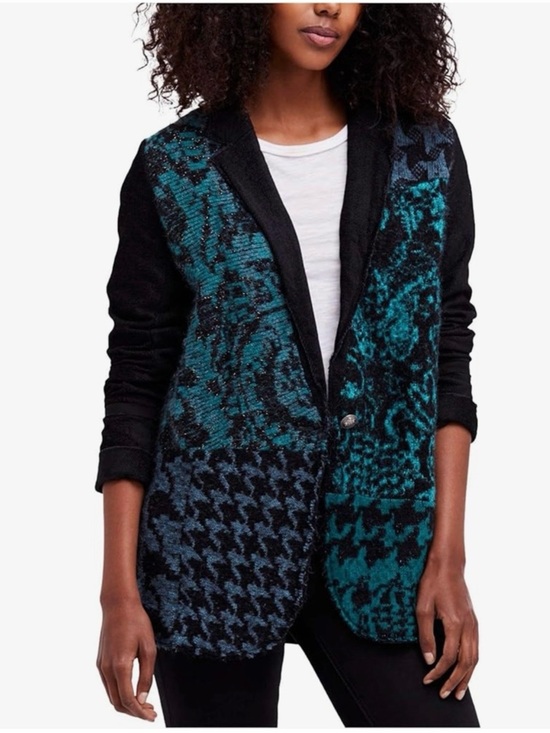 Free People Jackets & Blazers - Free People Better Together Teal & Black Patterned Knit Blazer Jacket Medium